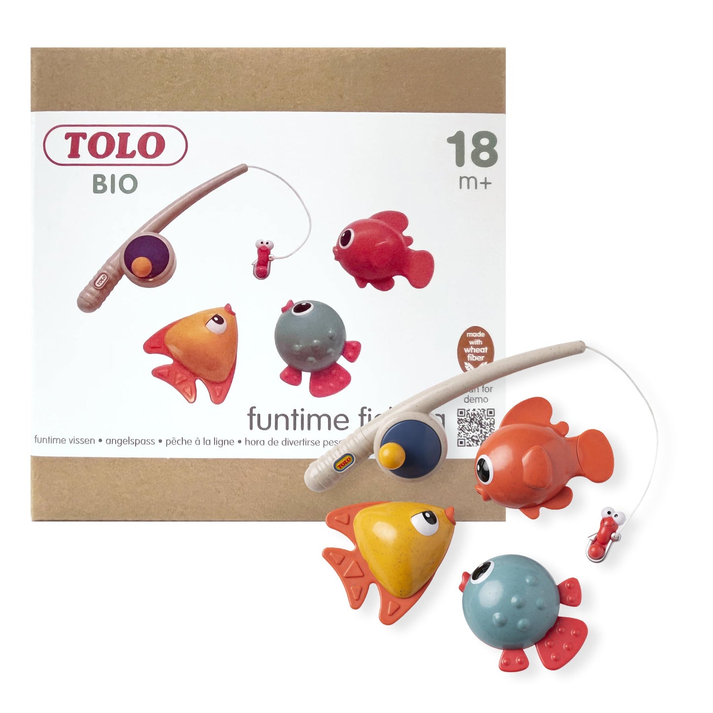 Tolo Bio Funtime Fishing Set | Eco-Friendly Bath Toy for Toddlers | Magnetic Fishing Rod, 3 Bubble-Blowing Fish, Worm | Skill-Bu