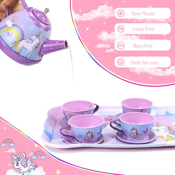 Motiloo 48Pcs Tea Set for Little Girls,Kids Pretend Toy Tin Tea Set and Carrying Case,Rainbow Magic Unicorn Design for Girls Pri