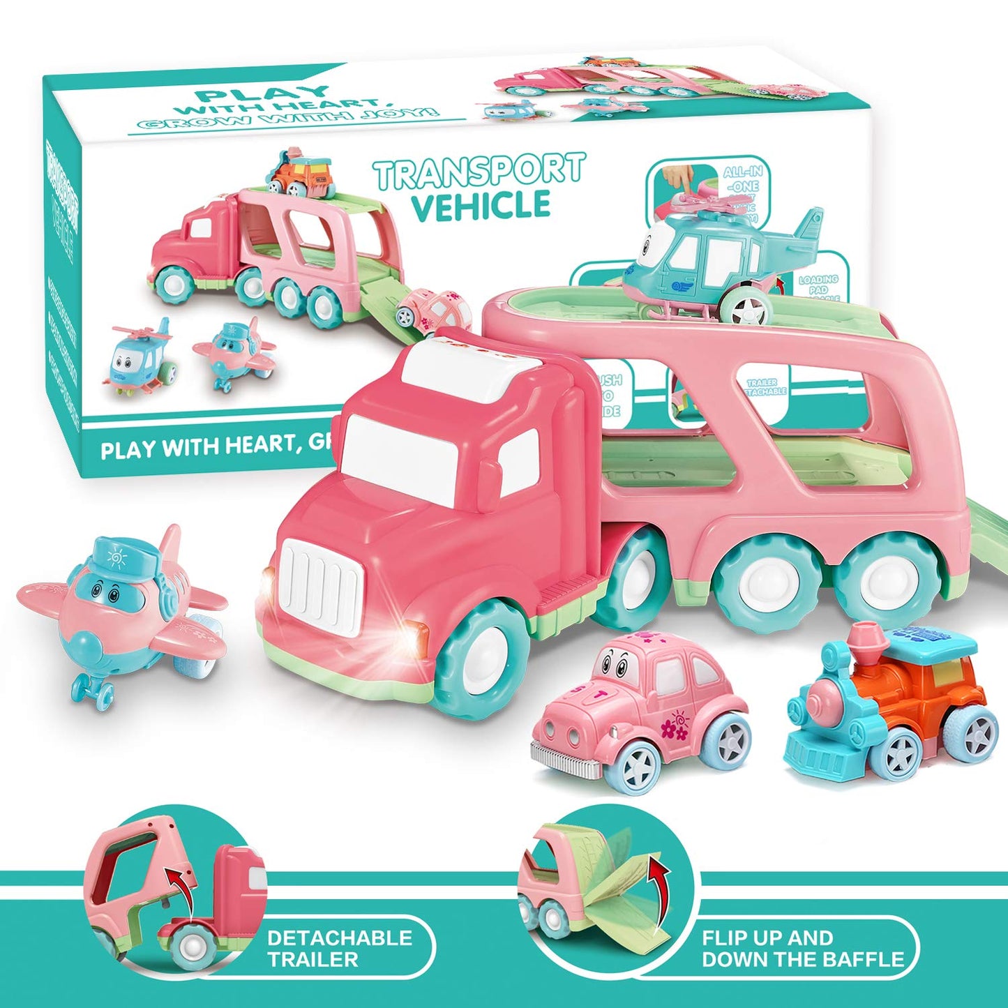 LESUTER TOYS Carrier Car Toy Set - 5 in 1 with Lights & Sounds, Pink, Friction Powered Double Layer Truck for Toddlers