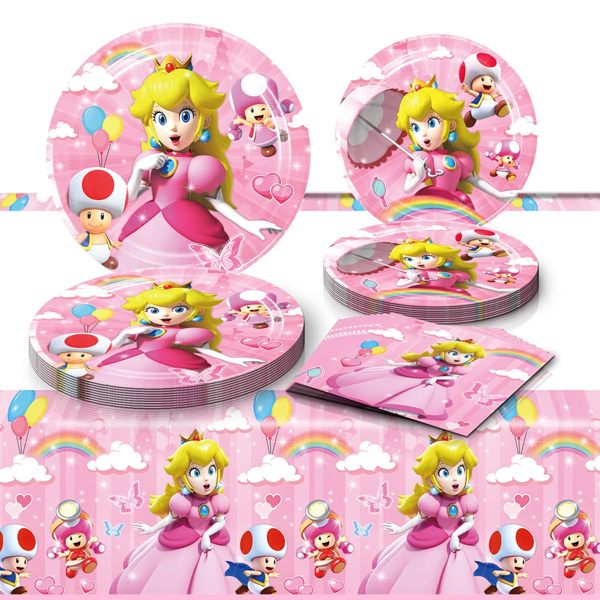 GYSIXGAOSU 41Pcs Princess Peach Birthday Decorations, 20 Plates, 20 Napkins and 1 Tablecover for Princess Peach Birthday Party S
