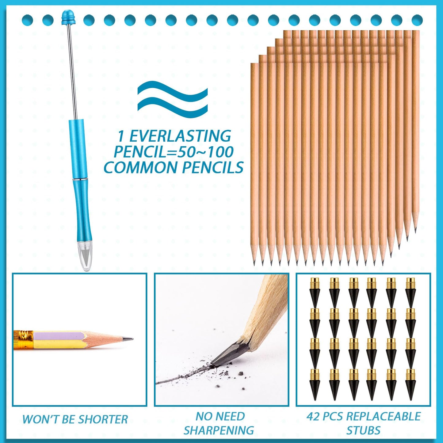 Maitys 14 Pcs Metal Beadable Pencil with 42 Pcs Replacement Nibs Inkless Everlasting Pencil DIY Reusable Eternal Writing for Kid