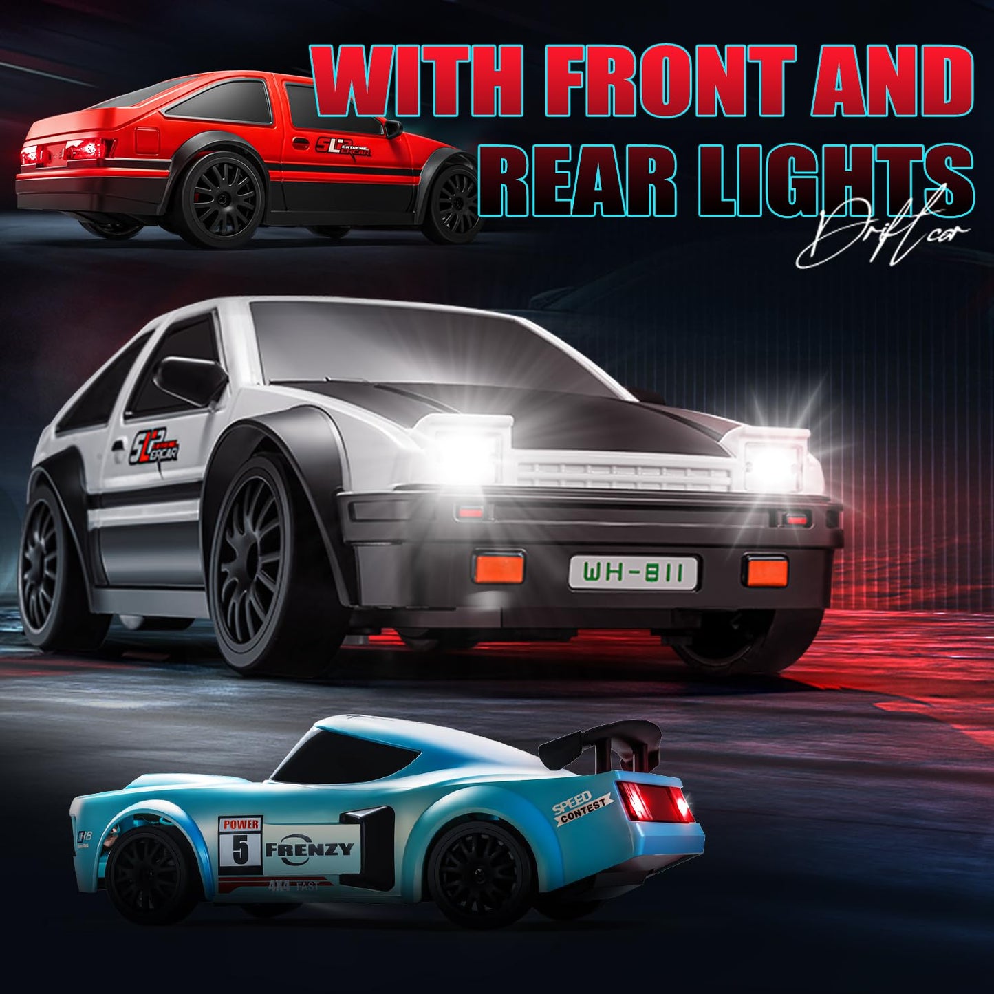 ACAMMZAR RC Drift Car, 1:24 Remote Control Car for Kids, 20KM/H 4WD High Speed RC Cars with LED Lights, Two Batteries, Extra Dri