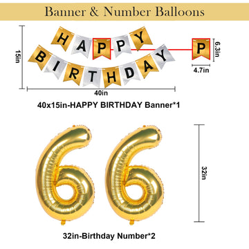 Naninuneno 66Th Gold Birthday Decorations, Gold Black Silver Happy Birthday Balloons Supplies For Boy Men Girl Women, 66 Birthda