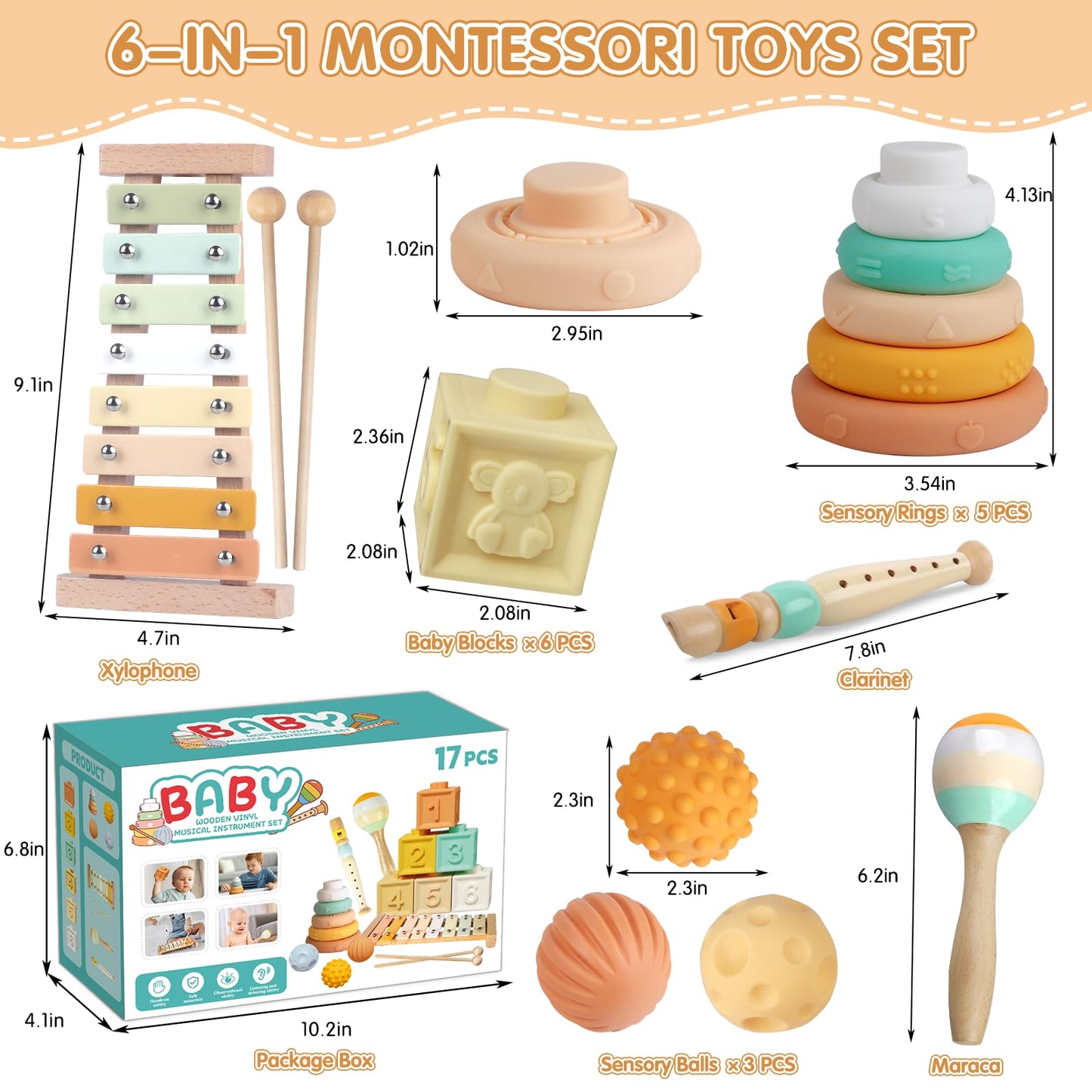Montessori Baby Toys for 6-12 Months 1+ Year Old 6 in 1 Musical Instruments for Toddler Stacking Blocks Rings Development Learning Educational Toy with Wooden Xylophone for 1 Year Old Boys Girls