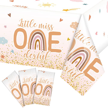 Tiamon 3 Pcs Boho 1st Birthday Tablecloth Decorations 108 x 54 Inch Plastic Rainbow Table Cover Little Miss Onederful Table Clot