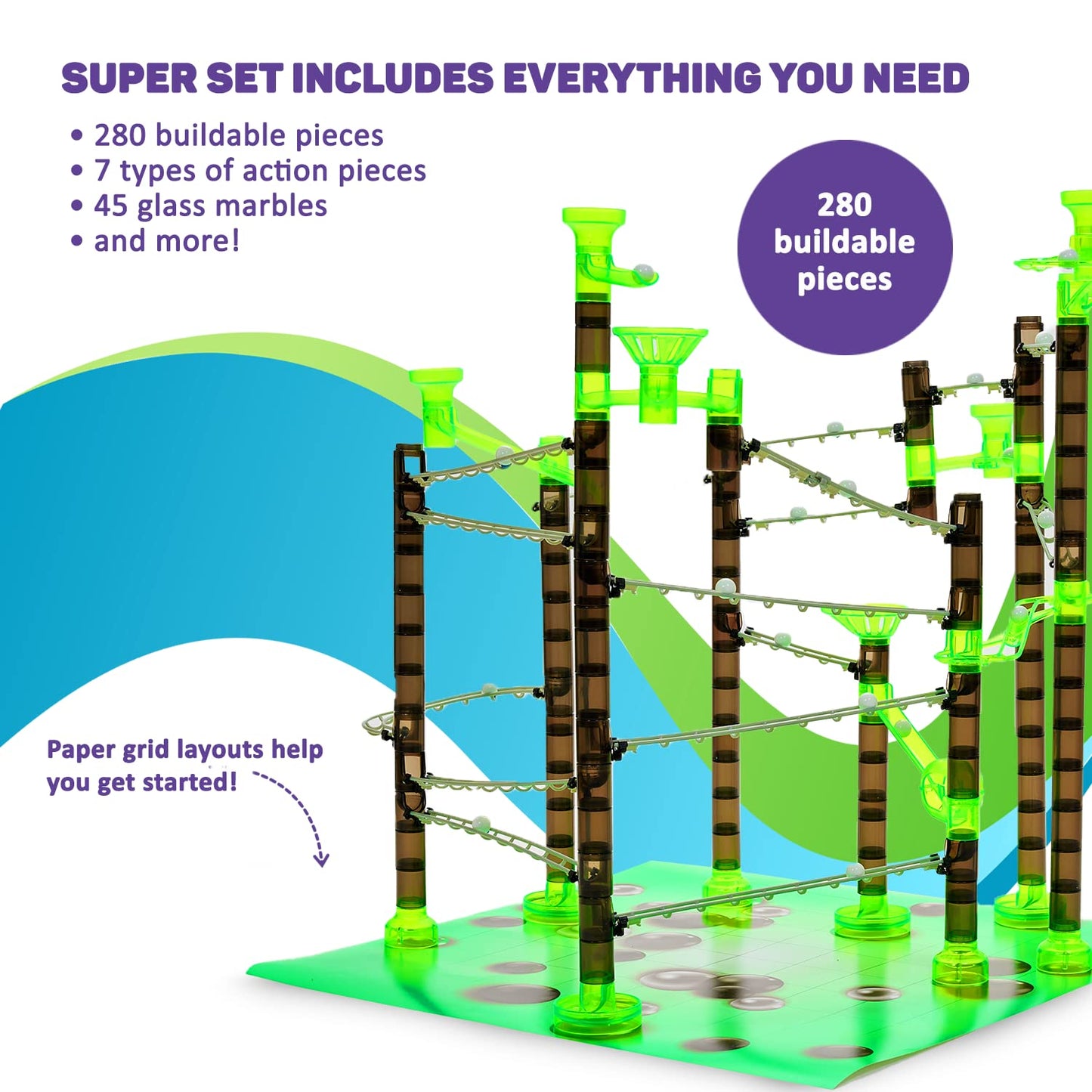 Marble Genius Marble Rails Super Set - 325 Piece Marble Run for Kids 8+, Plastic, Black/Neon Green/Silver, Model MG_RAILS_325