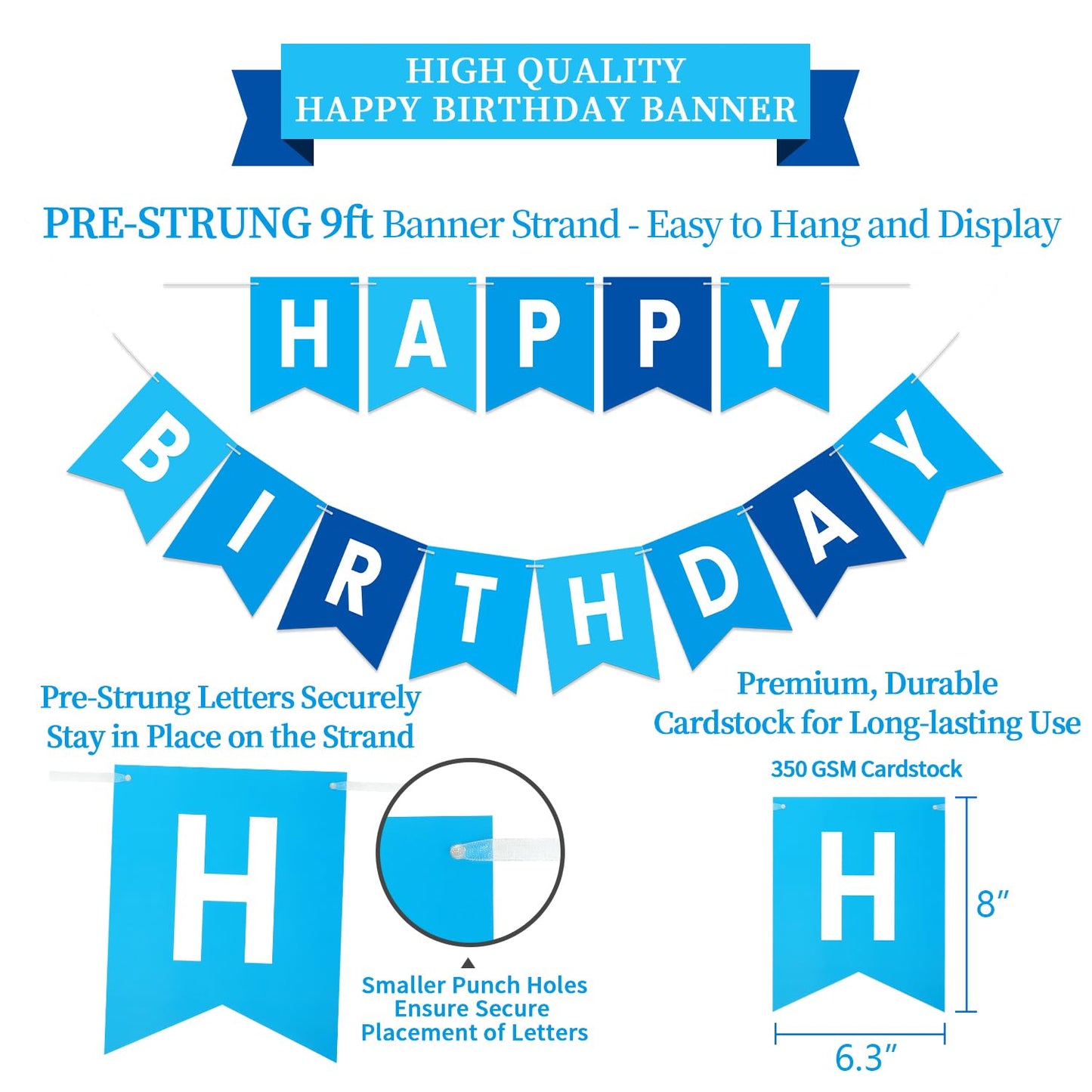 LITAUS, Birthday Decorations, NO DIY - Pack of 16 | Blue Happy Birthday Banner, Honeycomb Balls, Swirls, Garland | Happy Birthda