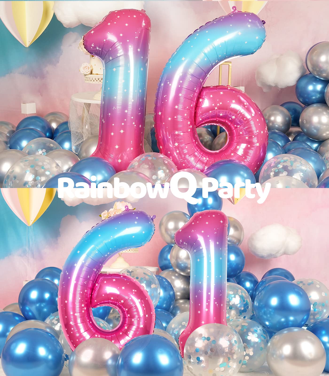 Rainbowq 16 Balloon Numbers 40 Inch For Boy Or Girl Big Starry 0-9 Foil Mylar Large 61 Number Balloons Happy 16Th Birthday Party