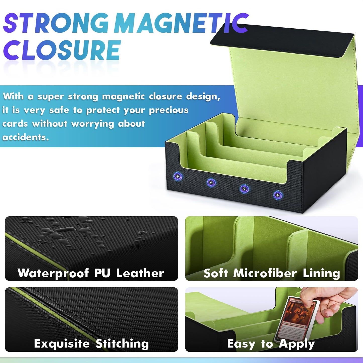 Uaono Card Storage Box For Trading Cards, 1800+ Pu Leather Commander Card Deck Case, Magnetic Closure Card Holder Fits For Magic Game Cards (Black&Lemon Green)
