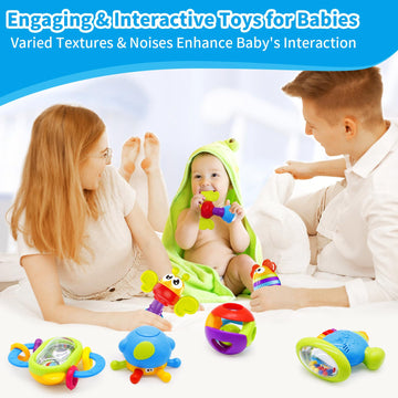 Moontoy 7Pcs Baby Rattles Toy Set, Baby Toys 0-6 Months Infant Toys 6-12 Months Teethers For Babies 3-6 Months Baby Stocking Stuffers, Sensory Teething Toys 0 1 2 3 4 5 6 Month Newborn Boy Girl Gifts