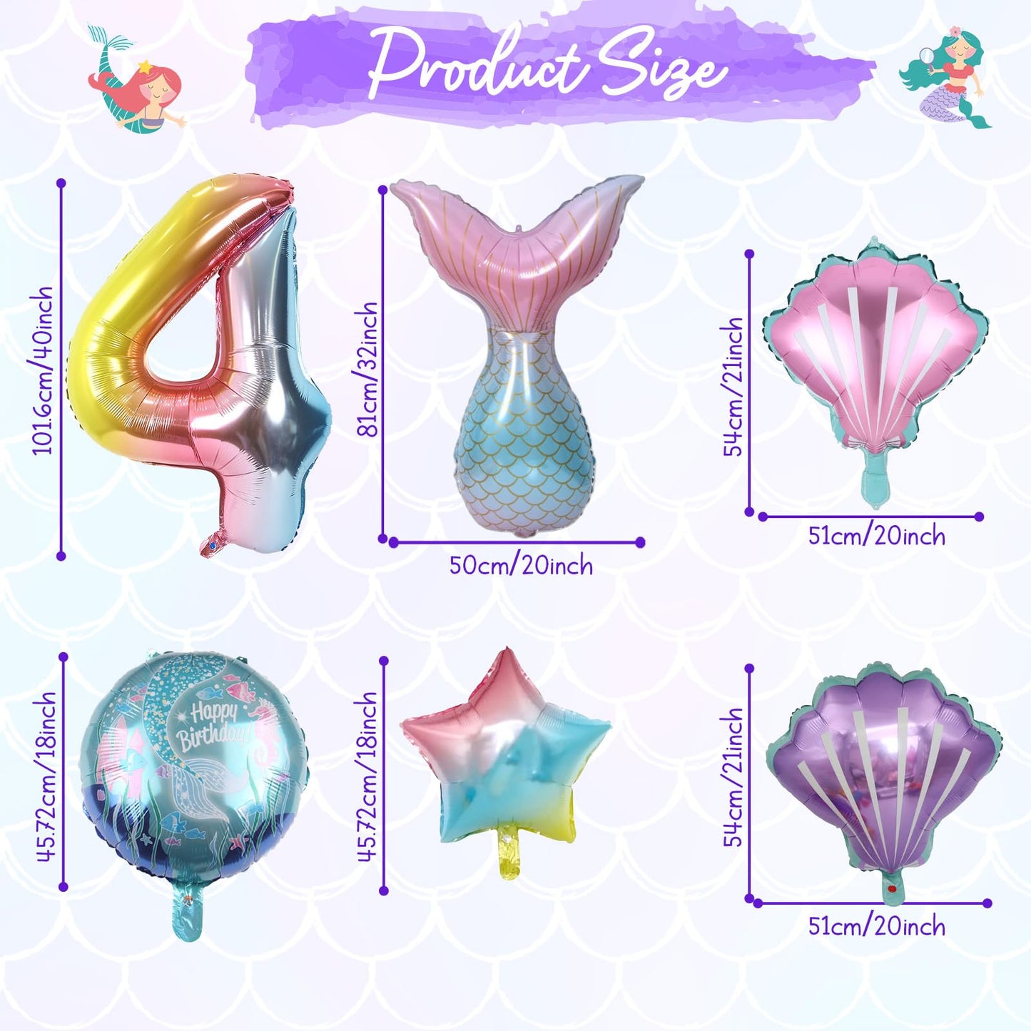 Mermaid 4Th Birthday Decorations, 8Pcs Mermaid Party Decorations Balloons, 40 Inch Rainbow Number 4 Balloon, Large Helium Foil Mermaid Tail Balloon, Seashell Balloons For Girls' 4Th Birthday Party