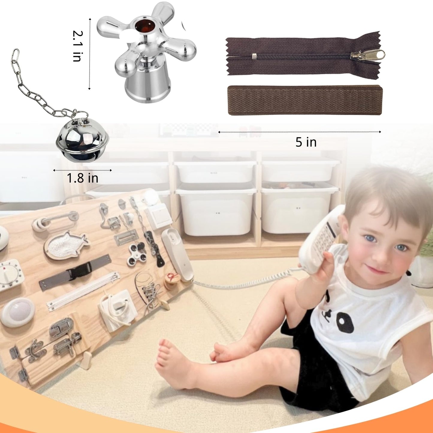 6 Pieces Busy Board Diy Accessories For Toddlers - Sensory Board Parts - Zipper Kids- Meal Bell - Bike Bell - Hook And Loop Tape