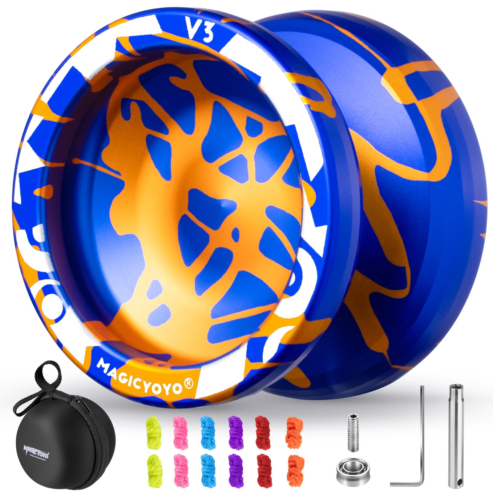MAGICYOYO V3 Responsive Yoyo for Kids 8-12   Professional Yoyo for mature-themed  Dual Purpose Metal Yoyo with KK Bearing + 12 Yoyo Strings  Bearing Removal  Axle  Yo yo Case (Blue Glod Splash)