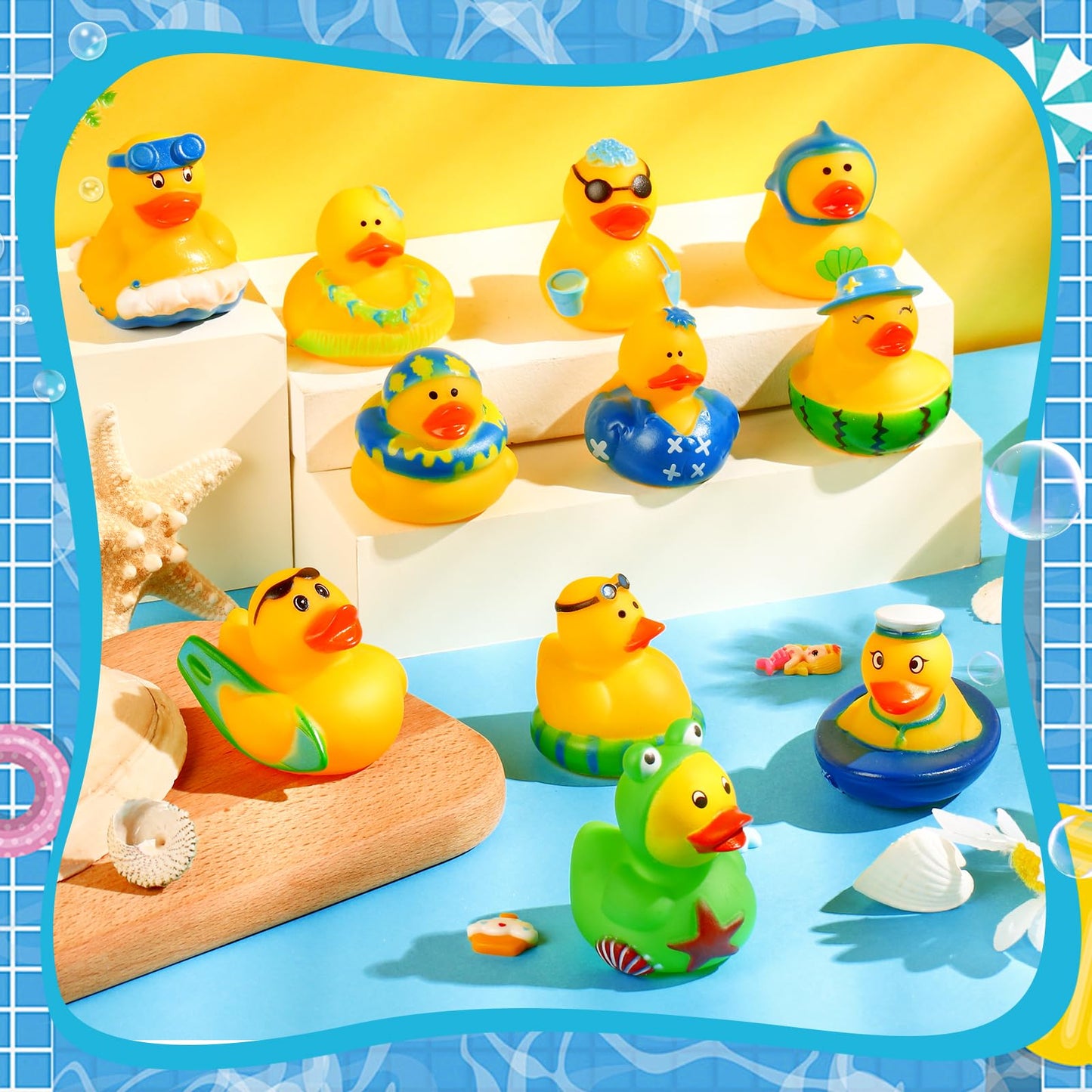 SCIONE 24Pack Summer Rubber Ducks Party Favors, Assorted Beach Rubber Ducks with Net Bag for Pool Beach Toys,Summer Birthday Gif