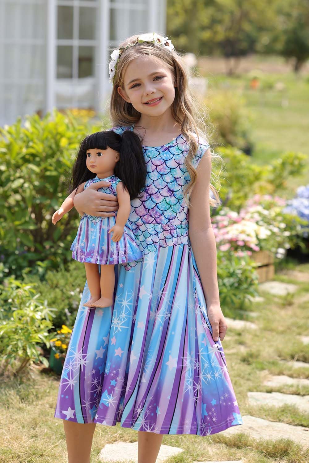 Bow Dream Girl Dress and Matching American Girl Doll Clothes Accessoriess Rainbow Mermaid Unicorn Size 150