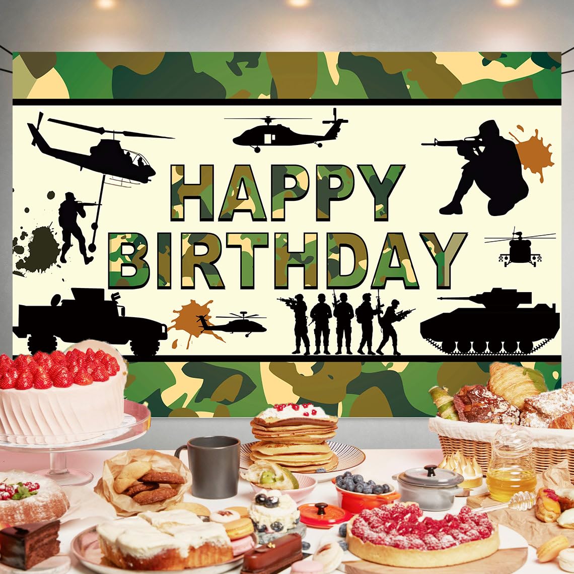Yilzo Camo Backdrop - Happy Birthday Banner, 70.8 x 47.2 Inch, Camouflage Army Military Photography Background for Soldier Party Decorations