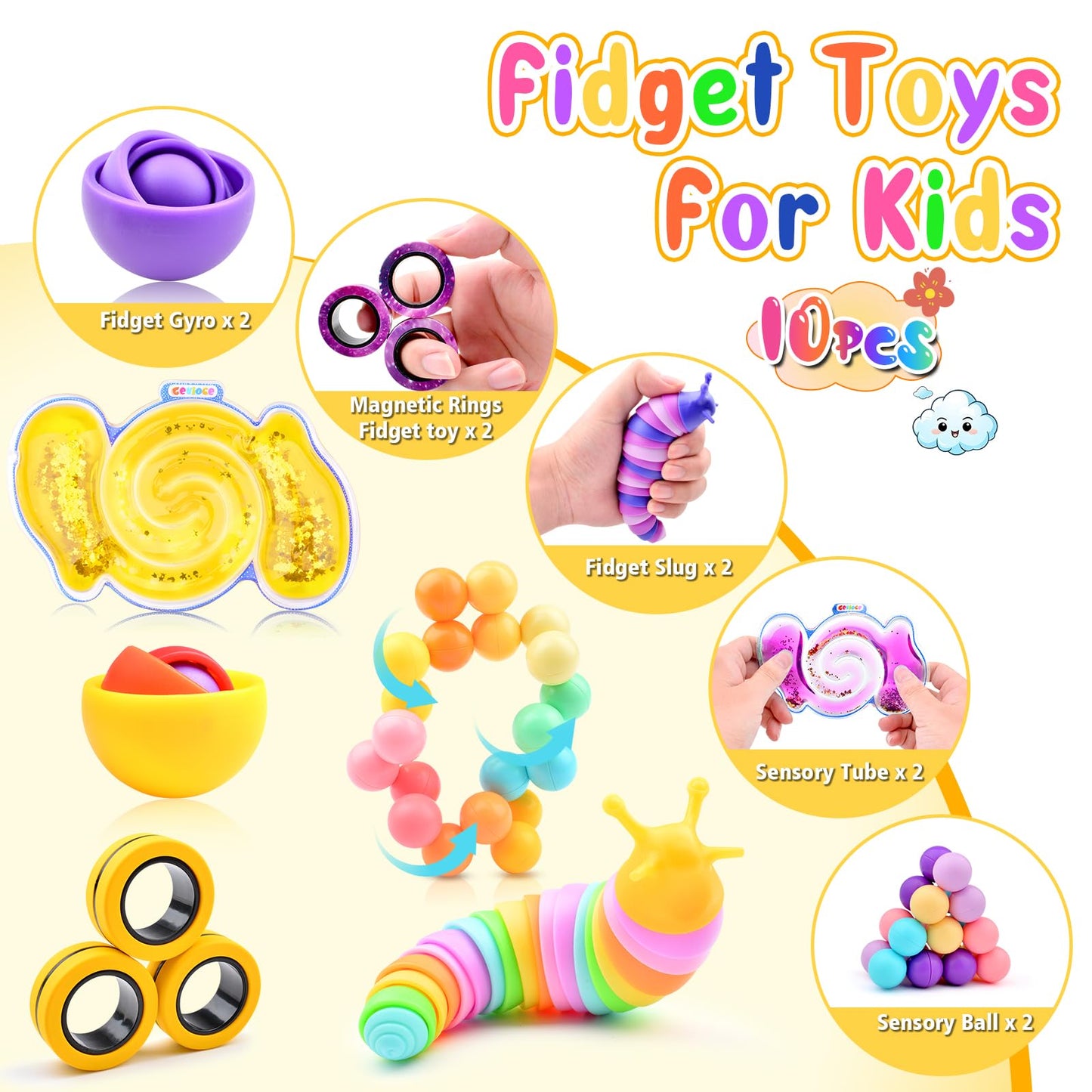 Cevioce 10Pcs Fidget Toys Adults Pack,Stocking Stuffers For Teens Boys Girls,Autism Sensory Toys With Fidget Spinner Slug Magnetic Rings,Squishy Fidget Toys Adhd Stress Relief,Party Favor For Kid-Py