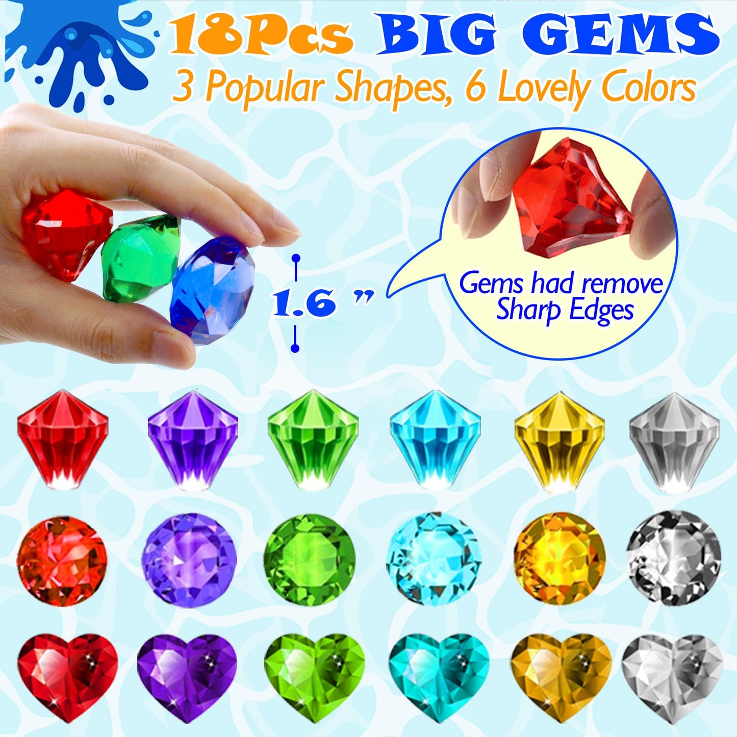 YOULIK Diving Gems Pool Toys incl. Waterproof Games Card Set, 3 Shapes 18 Big Colorful Diamond with Large Pirates Chest, Swim D