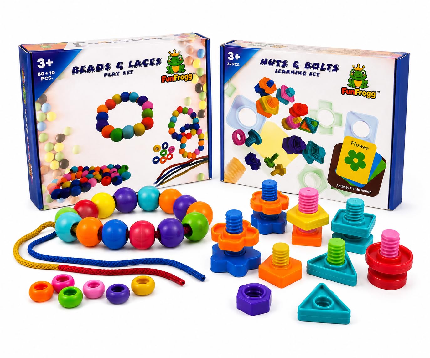 Funfrogg Montessori Fine Motor Skills Kit For Kids 3+ Years | Beads Threading Toy & Nuts And Bolts Construction Set | Educationa