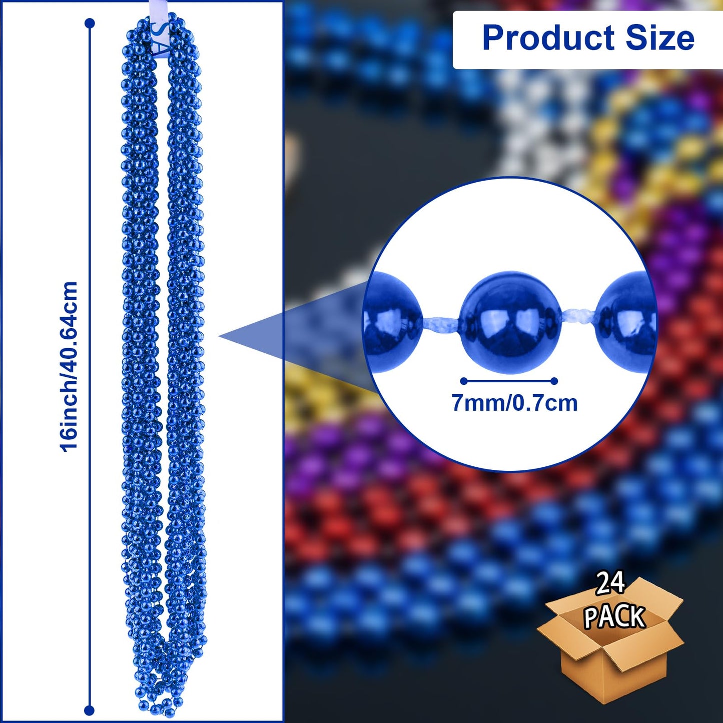 SHAOQINLIN 24 Pcs 33 Inch 7 mm Metallic Blue Bead Necklaces, 4th of July Round Beads Necklace Mardi Gras Party Beaded Necklaces