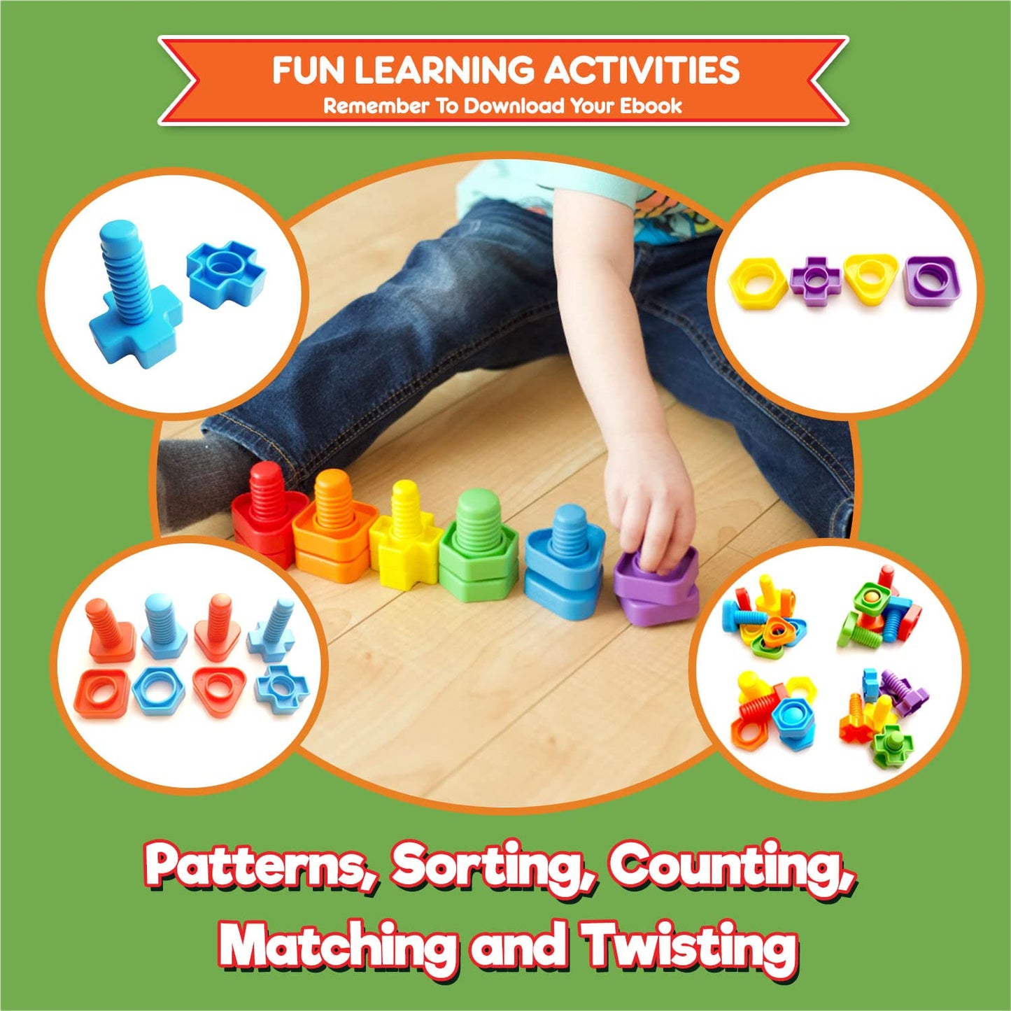 KIDS KORNER Jumbo Nuts and Bolts - Montessori Fine Motor Skills Game, 12 pcs, ABS Plastic, Rainbow Colors, Model [PO]