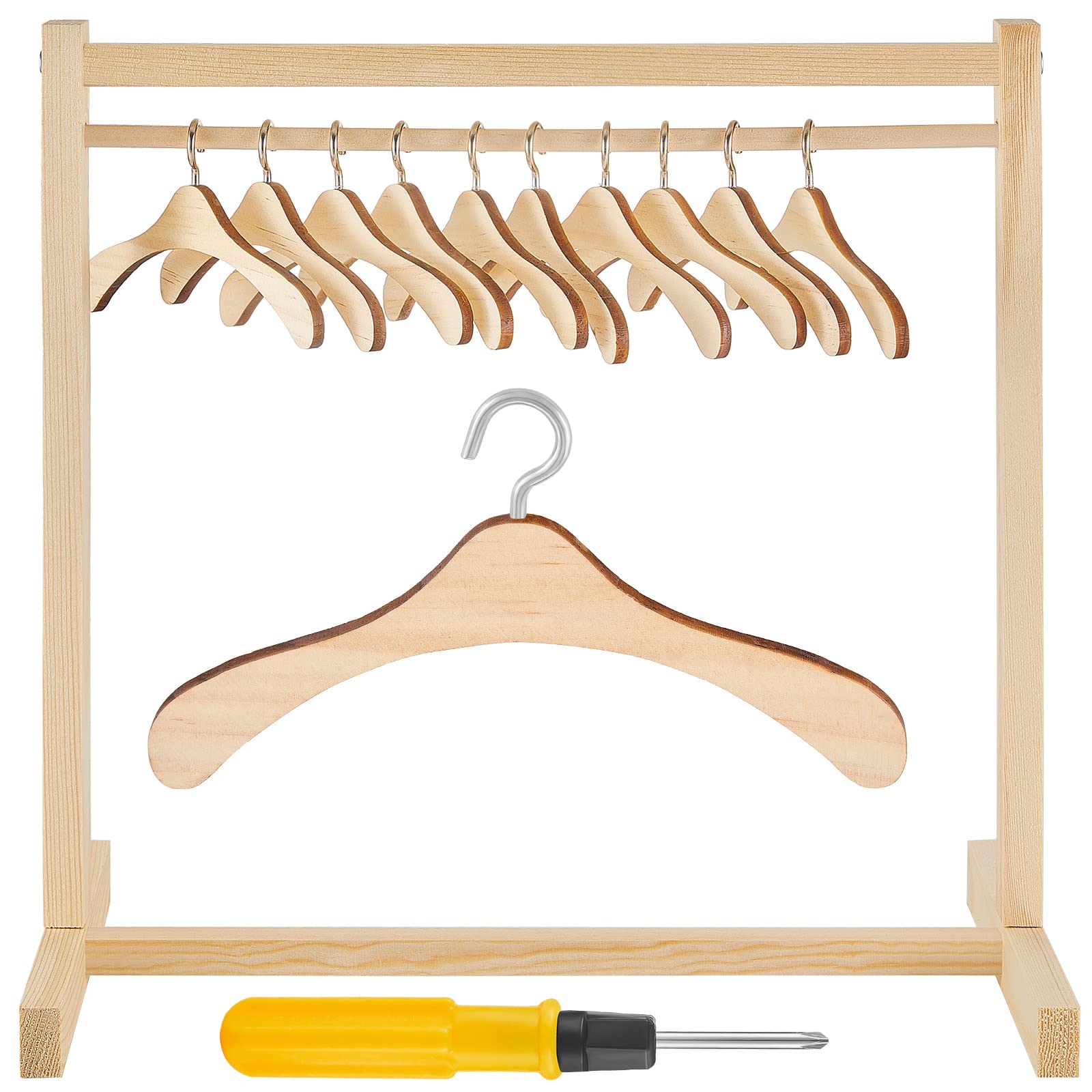 Civaner 22 Pcs Doll Garment Rack With Wooden Clothes Hanger For 18 Inch Girl Doll Clothes Mini Hangers Wardrobe Furniture Accessories For Dollhouse Baby Shower Supplies