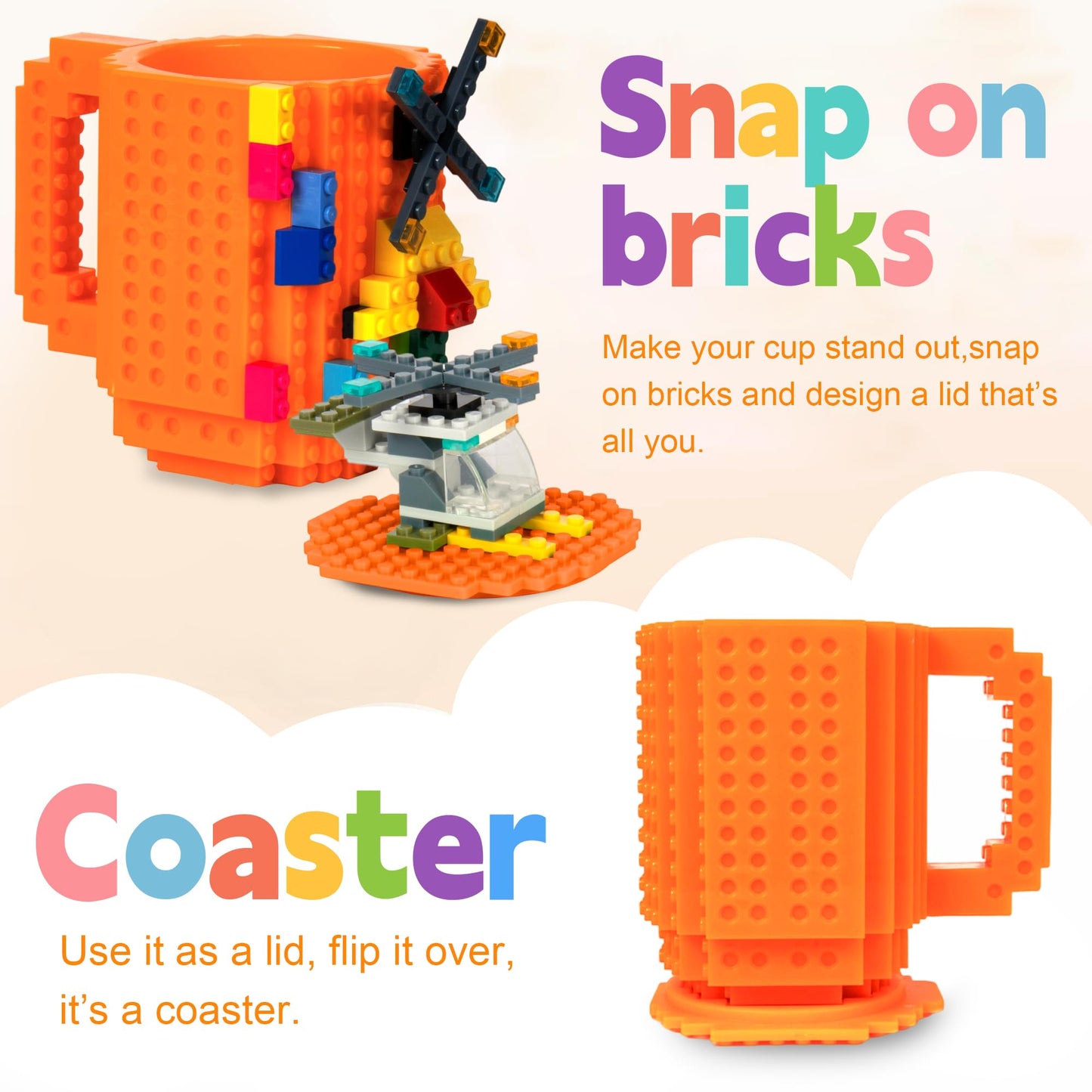 FUBARBAR Brick Coffee Mug - Funny Novelty Cup with Lid & Straw, Building Block Toy Mug, Gift Idea for Men/Women/Kids (Orange)