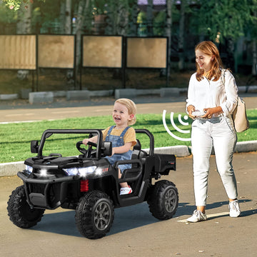 Costzon Ride On Dump Truck With Remote Control, 12V Electric Kids Utv W/Electric Dump Bed, Rocking Function, Shovel, 4 Spring Suspensions, Wireless Design, 2-Seater Ride On Car Gift For Kids (Black)