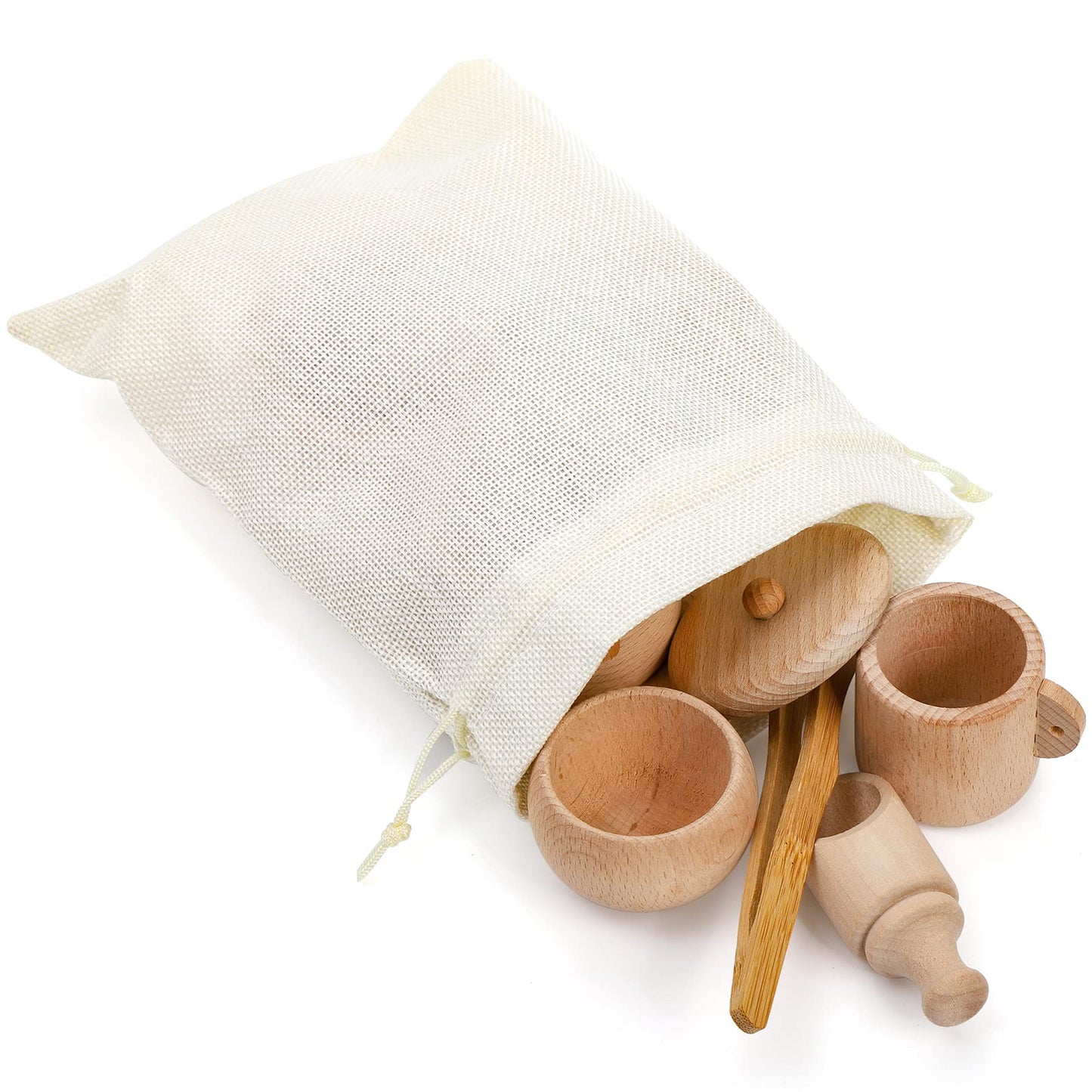 Hiceeden Set Of 9 Wooden Sensory Bin Tools For Toddler And Kids, Sensory Scoops And Tongs Toys With Bag, Waldorf Montessori Toys