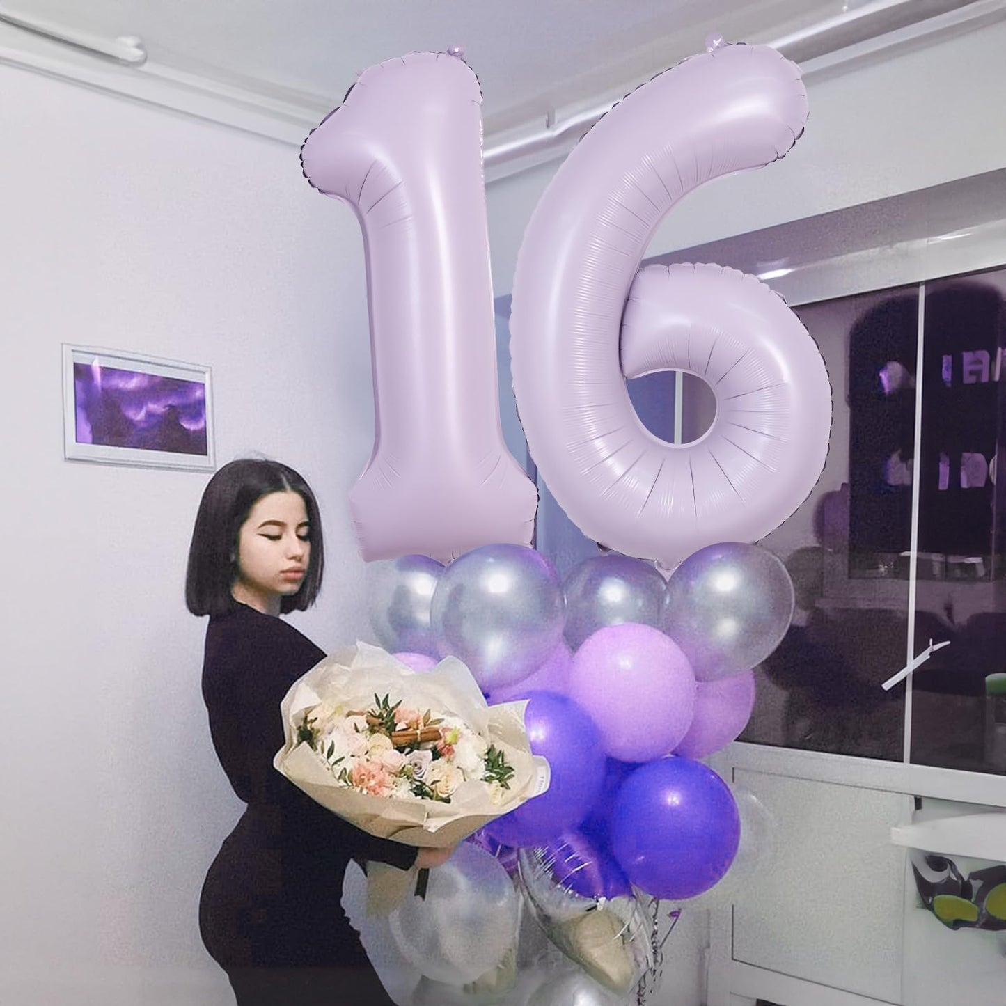 Light Purple 16 Balloon Numbers, 40 Inch Large Pastel Purple Foil Number 1 & 6 Balloons For Women, Lavender Sweet 16Th Birthday