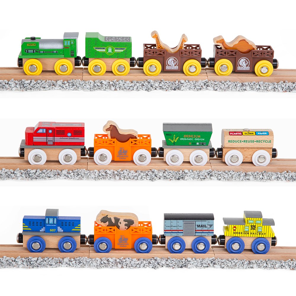 Orbrium Wooden Train Cars & Engines Collection - 18 Pcs Multicolor Safari Zoo Set, Compatible with Thomas & Brio, Model ORB-TS-A203