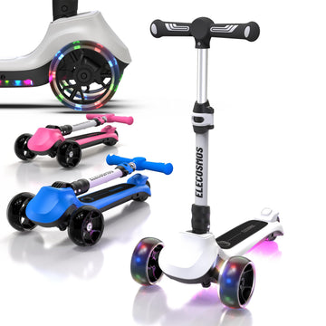 Elecosmos Kids Electric Scooter For Age 4-9, Light Up 3 Wheeled Scooter With Big Led Wheels, Flashing Deck, 3 Adjustable Heights