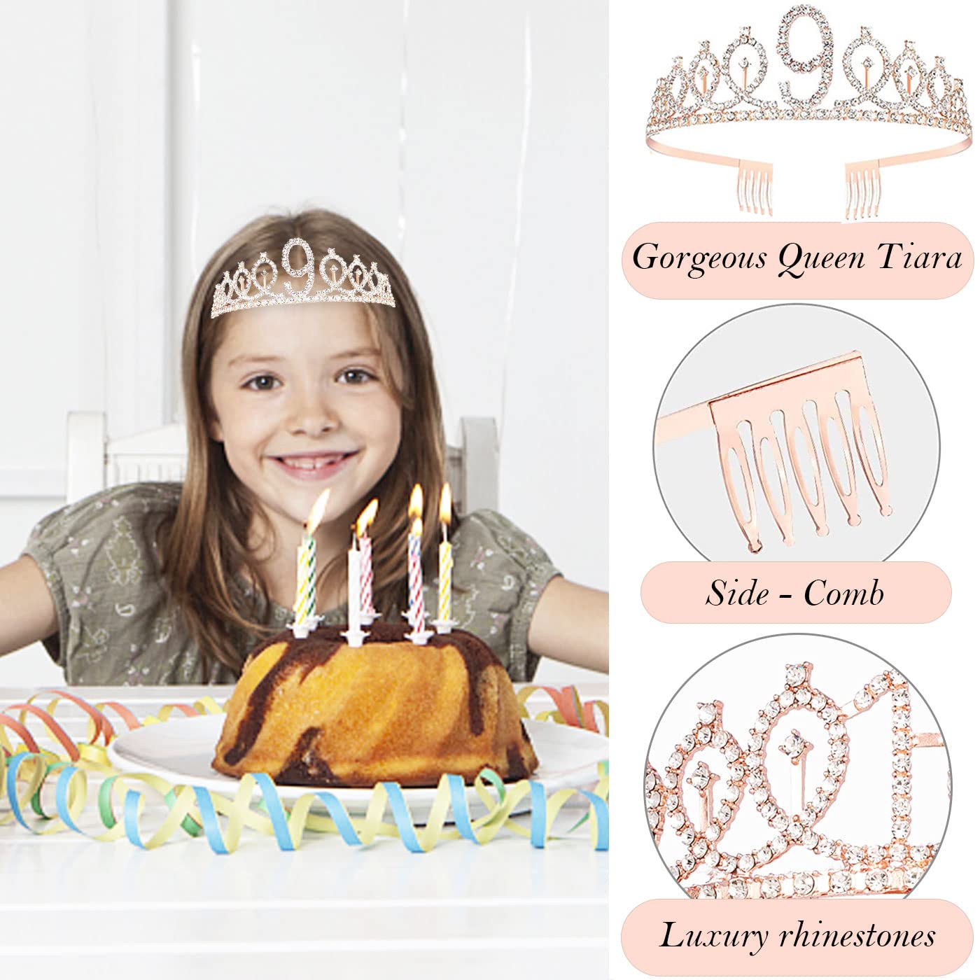 9th Birthday Decorations for Girls, Including 9 year old Birthday Cake Topper, Birthday Queen Sash with Pearl Pin, Sweet Rhinest