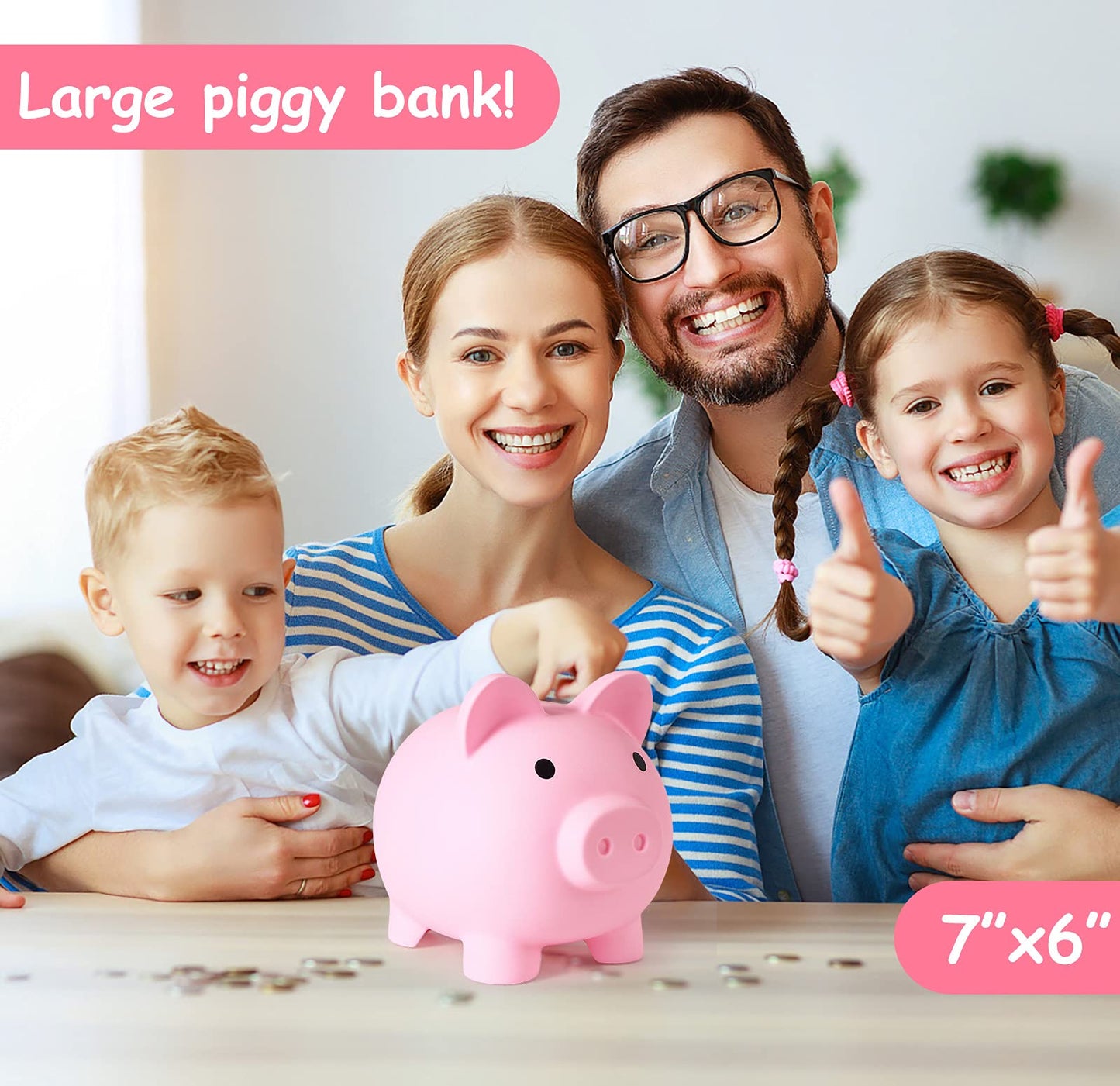 PJDRLLC Large Piggy Bank - Unbreakable Plastic Coin Bank for Kids, Pink, Model FD-61