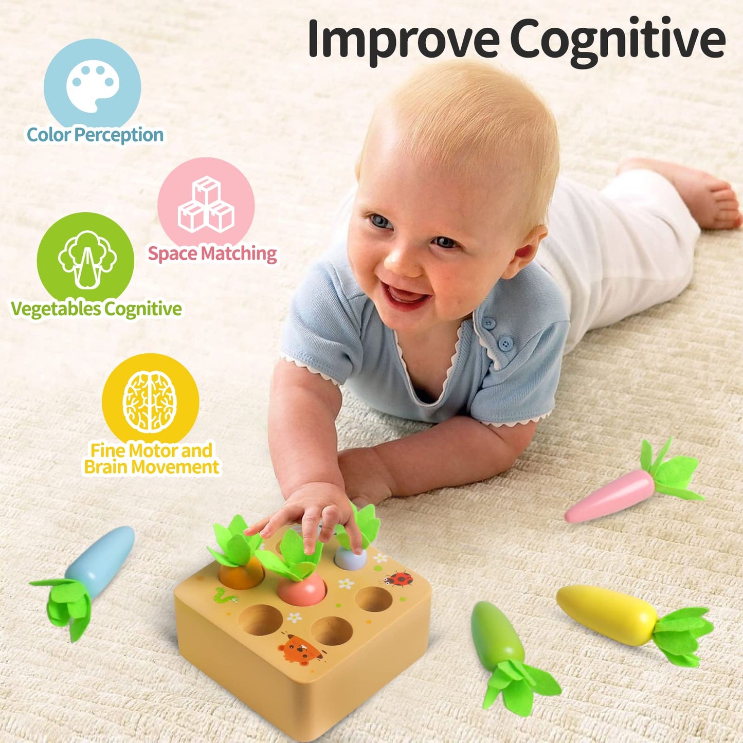 Skrtuan Carrot Harvest Game Wooden Toy For Toddler 1 2 3 Year Old Boys And Girls, Montessori Toys For Baby And Kids Preschool, Educational Toys Shape Sorting Matching Puzzle Gift Toy, Fine Motor Skill