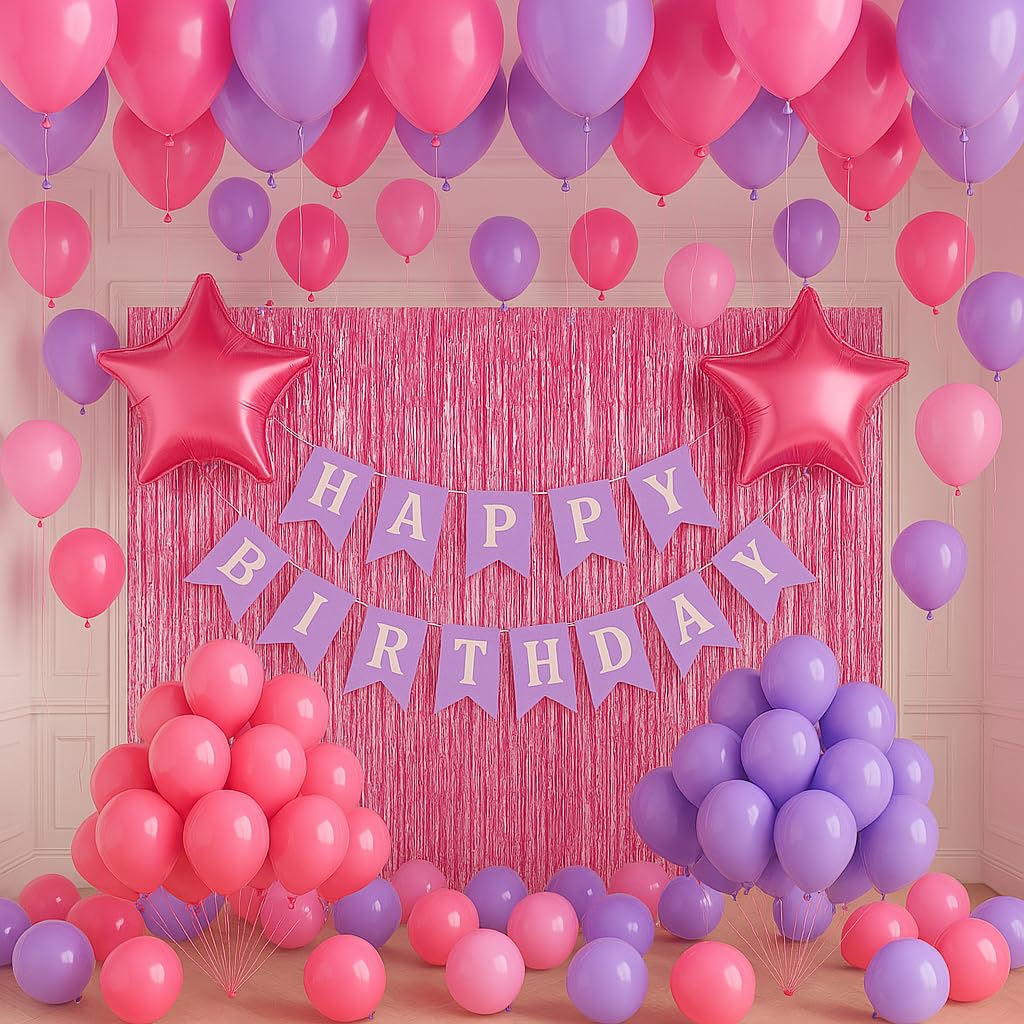 Flyloons Birthday Decoration Items For Girls Boys With Pink And Purple Theme Metallic Balloons, Star Foil Balloons, Foil Curtain