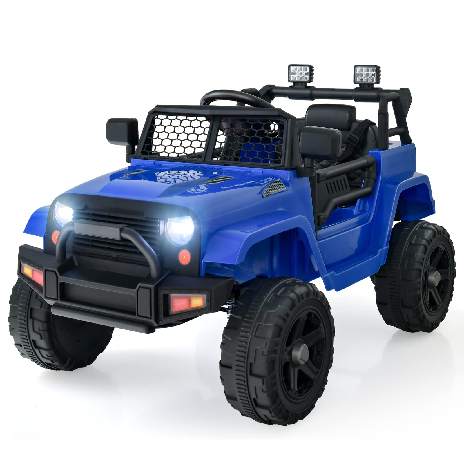 OLAKIDS Kids Ride On Truck  12V Electric Vehicle Car with Remote Control  Toddlers Battery Powered Toy with 2 Speeds  Spring Suspension  Double Open Doors  LED Lights  TF  Music  USB  Mp3 (Blue)