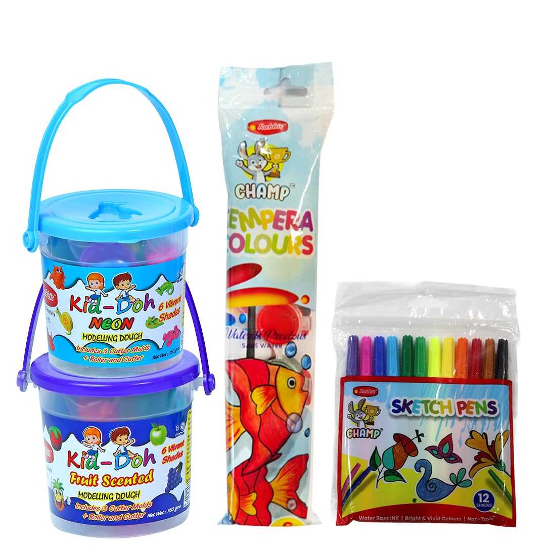 Rabbit Fun Art Combo  Fruit Scented Neon Dough Bucket, Regular Sketch Pens & 6 Shade Tempera Colors | NonToxic Art & Craft Kit