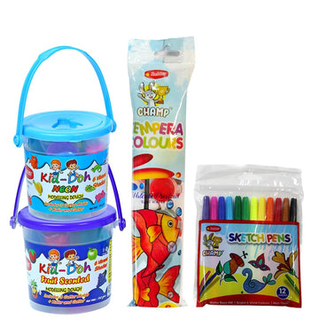Rabbit Fun Art Combo  Fruit Scented Neon Dough Bucket, Regular Sketch Pens & 6 Shade Tempera Colors | NonToxic Art & Craft Kit