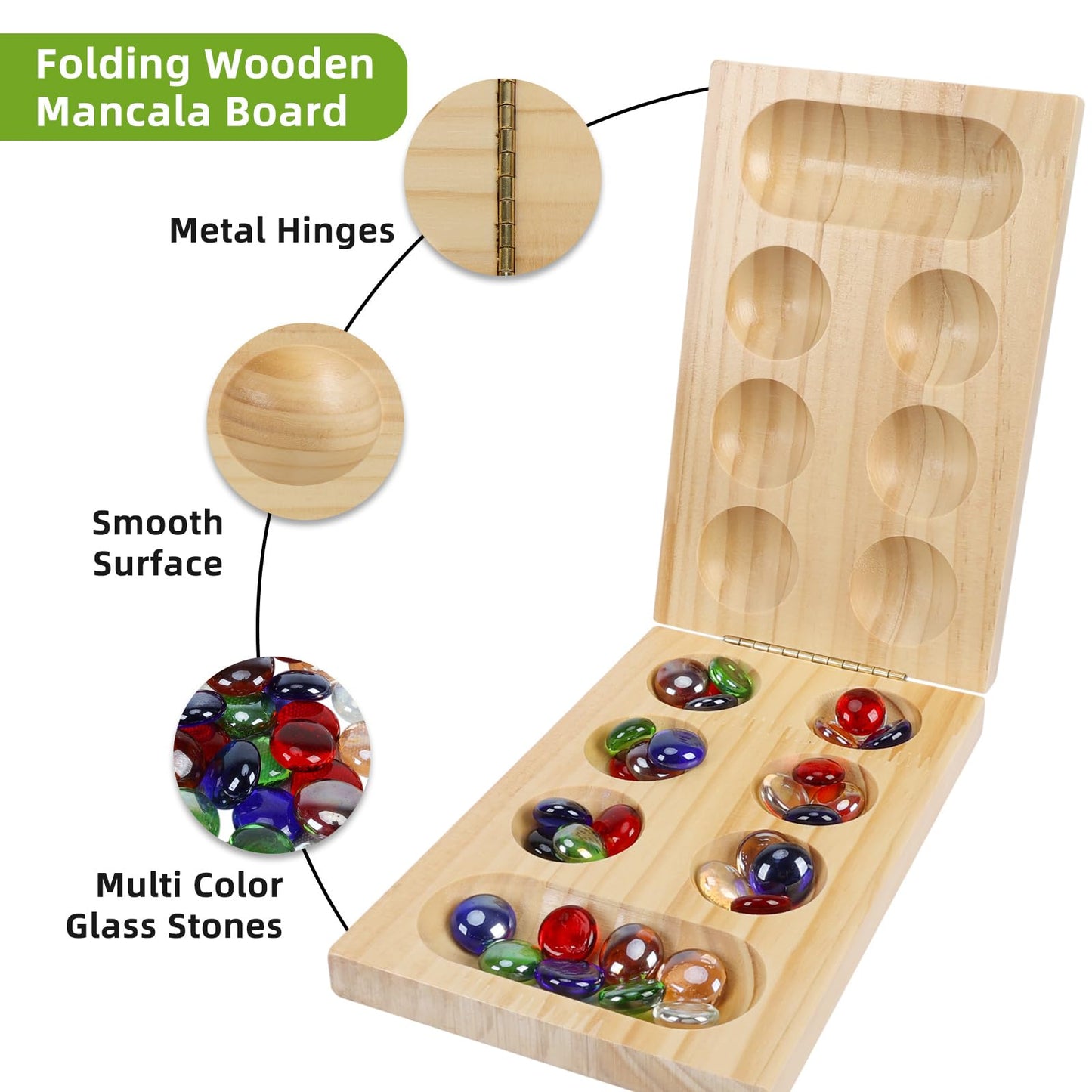 Offelec Mancala Board Game Set  Portable Travel Wooden Folding Set  Fun Table Games for Kids mature-themeds Family Night  48 Multi Color Glass Stones  Birthday  2 Players Games