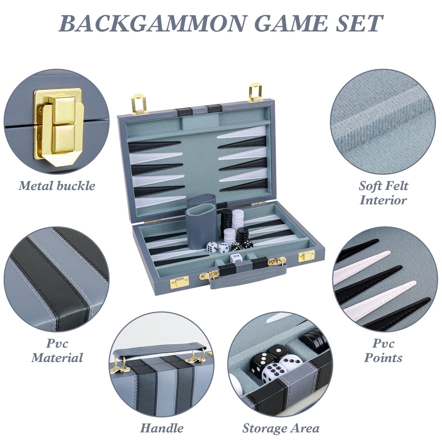 Reriver Backgammon Set 2 Players Classic Backgammon Sets For Adults Board Game With Pu Leather Case Portable And Travel Backgammon Set (Grey, 11Inch)