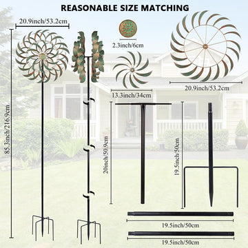 Viveta Large Outdoor Wind Spinner,21 * 85 Inches Metal Wind Sculpture With 4 Sturdy Stakes,Green Double Wind Spinners,Decorative