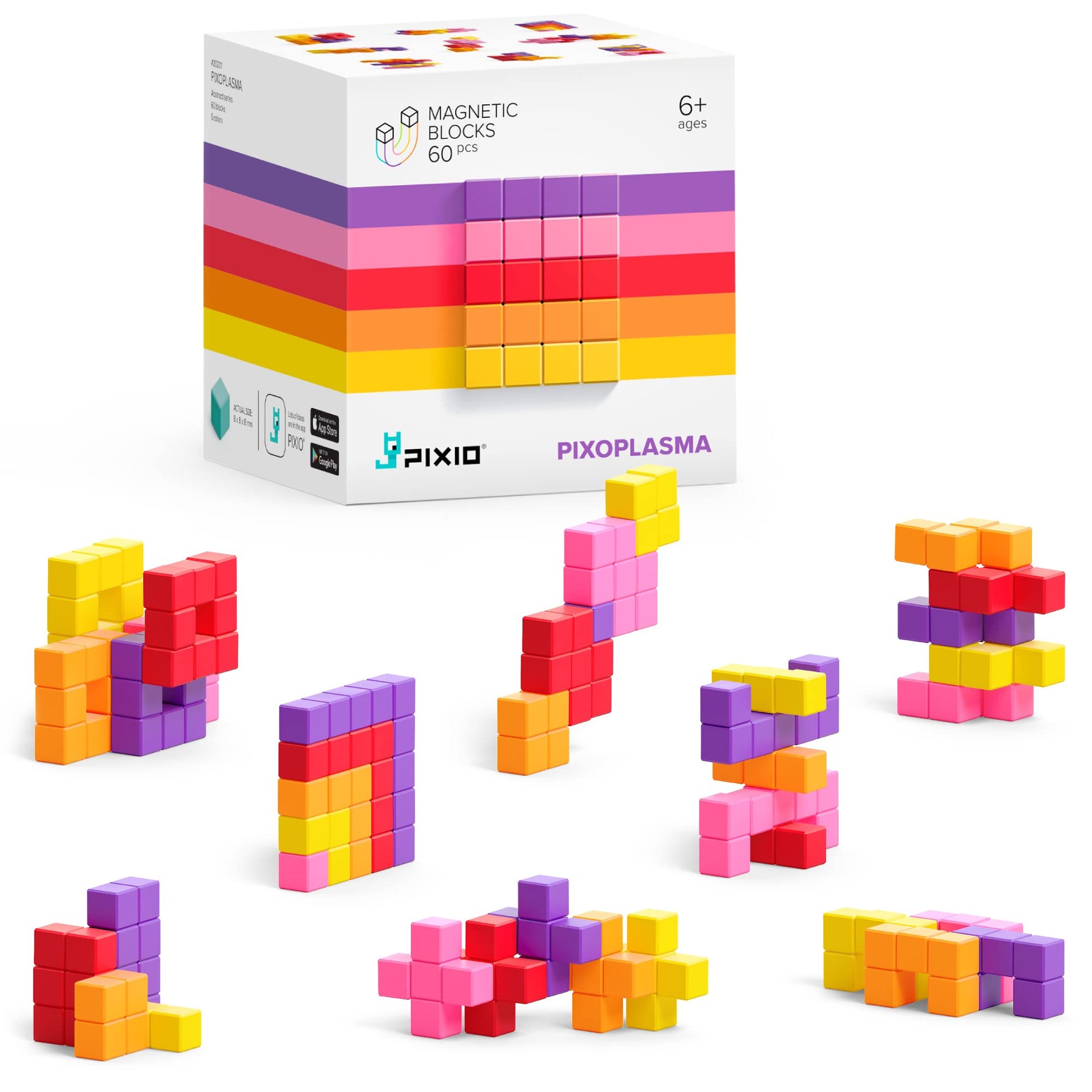Pixio Pixoplasma - Tiny Magnetic Blocks Building Toy In The Pixel Art Style With Free App - 5/16' Plastic Cubes With 6 Magnets Inside - Open Ended Toy - Creativity Toy For Ages 6+ - 60Pcs