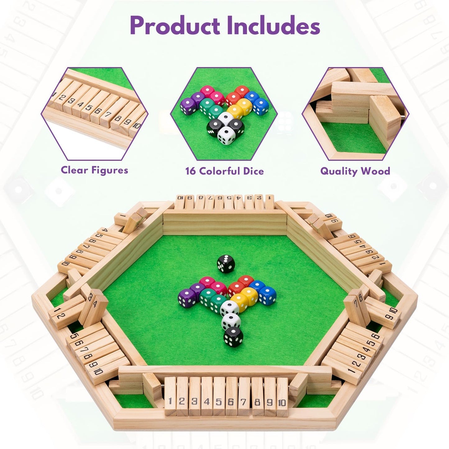 Fowreny Shut The Box Dice Game - Classic Wooden Tabletop Game for 2-6 Players - Natural Wood Finish Family Board Game for Adults