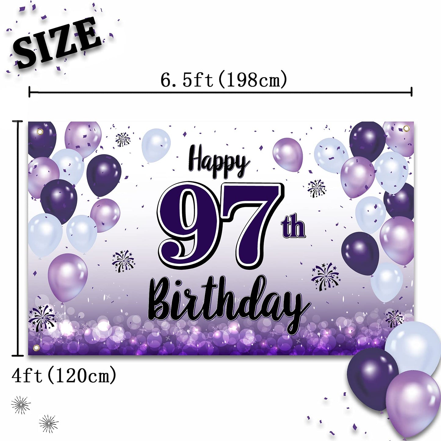 LASKYER Happy 97th Birthday Decorations,97th Purple Balloon Large Birthday Banner Backdrop Sign,97 Years Old Bday Party Supplies