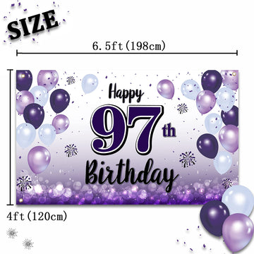LASKYER Happy 97th Birthday Decorations,97th Purple Balloon Large Birthday Banner Backdrop Sign,97 Years Old Bday Party Supplies