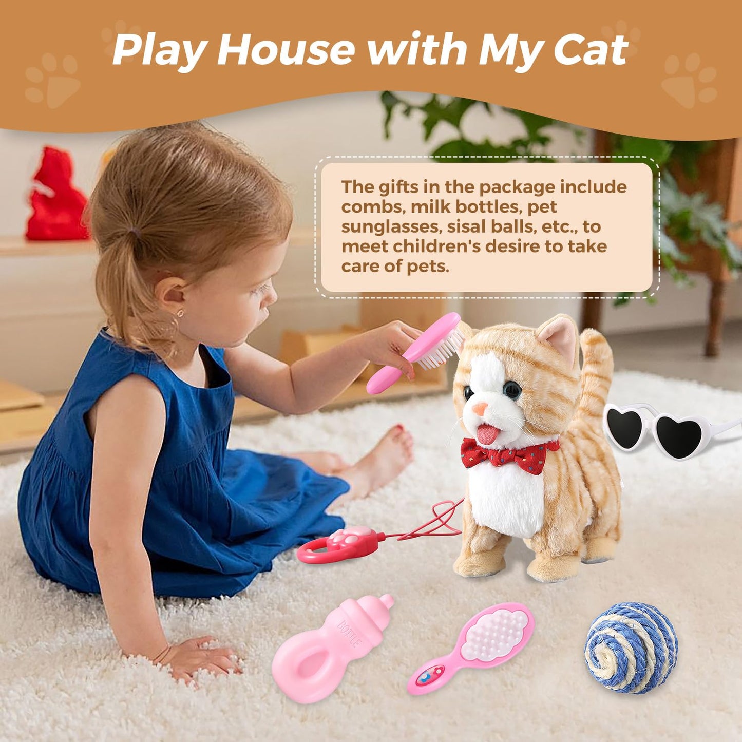 Yellow Pattern Leash Walking Cat Set Interactive Talking Toy Singing Dancing Kitten Mimicking Repeat What You Say Kitty Touch An