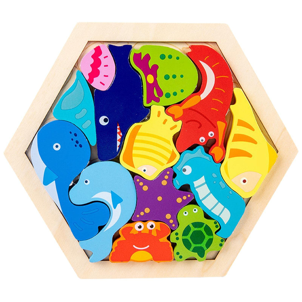 Atorse Wooden Jigsaw Puzzles Sorting Stacking Blocks Educational Toy Marine Life