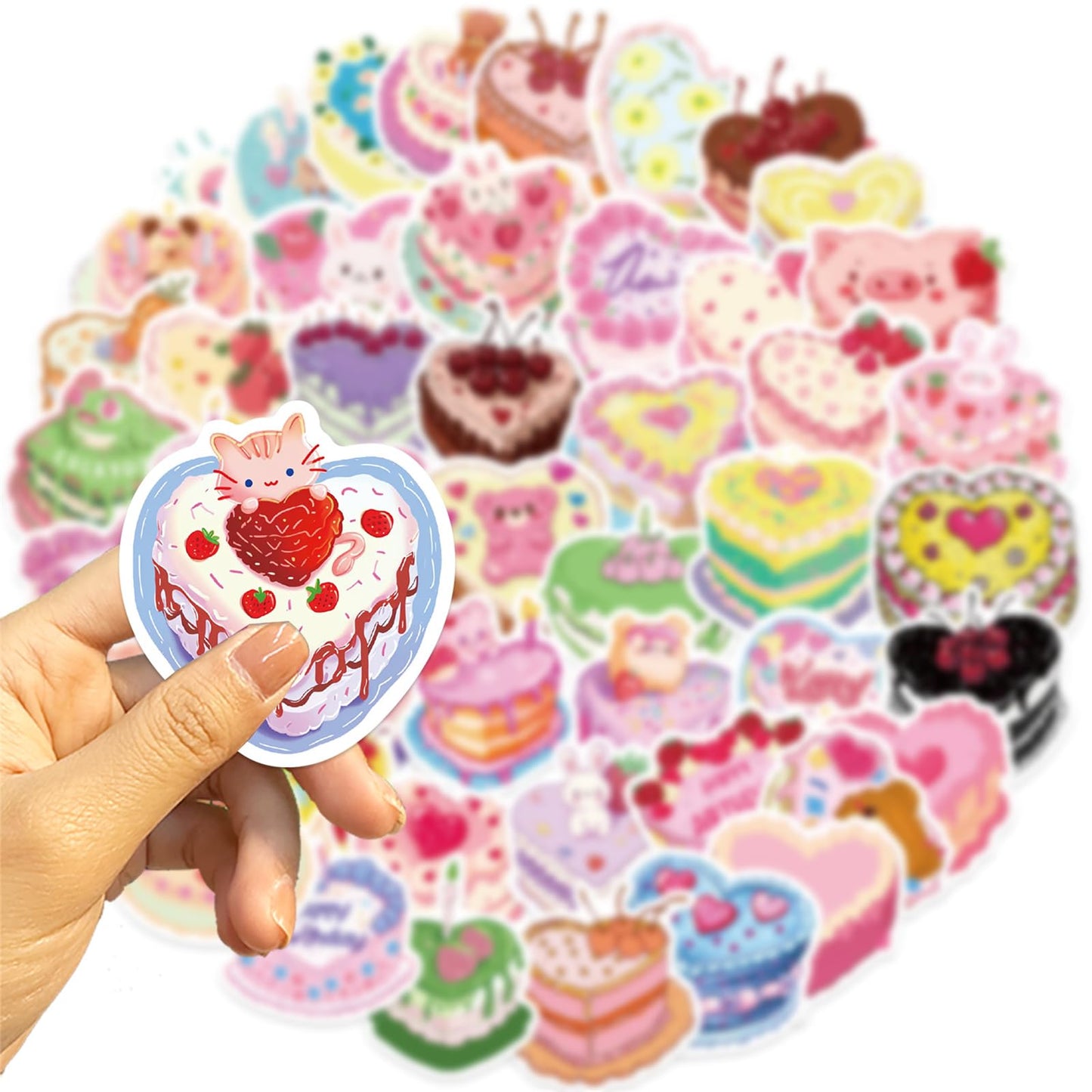 50Pcs Birthday Cake Stickers Cartoon Heart Shaped Cake Stickers Kawaii Love Aesthetic Vinyl Waterproof Sticker For Laptop,Guitar