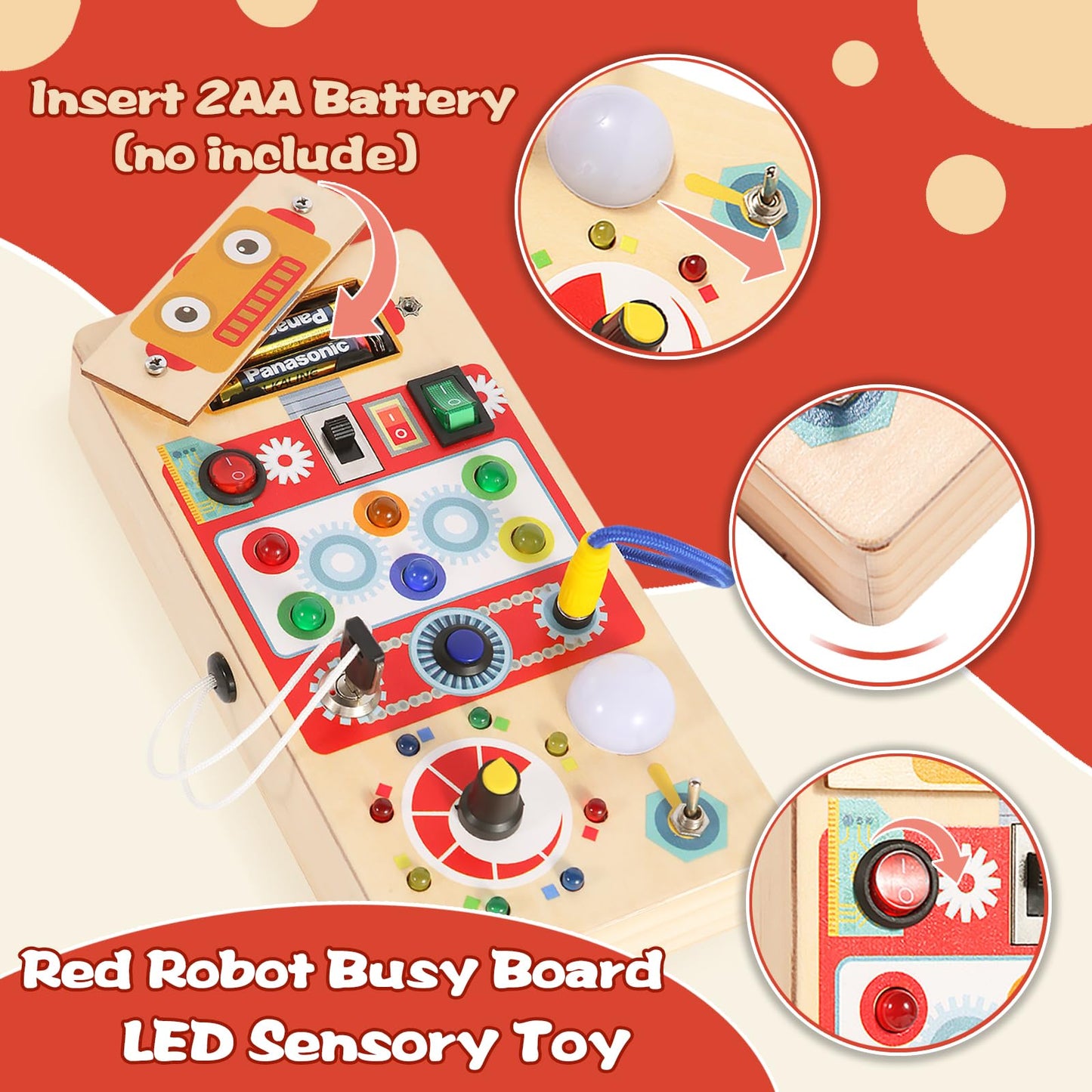 Asweets Montessori Wooden Busy Board Toy for Toddler, Red Robot Sensory Board with 8 LED Shape Light Switches, Travel & Gift Toy